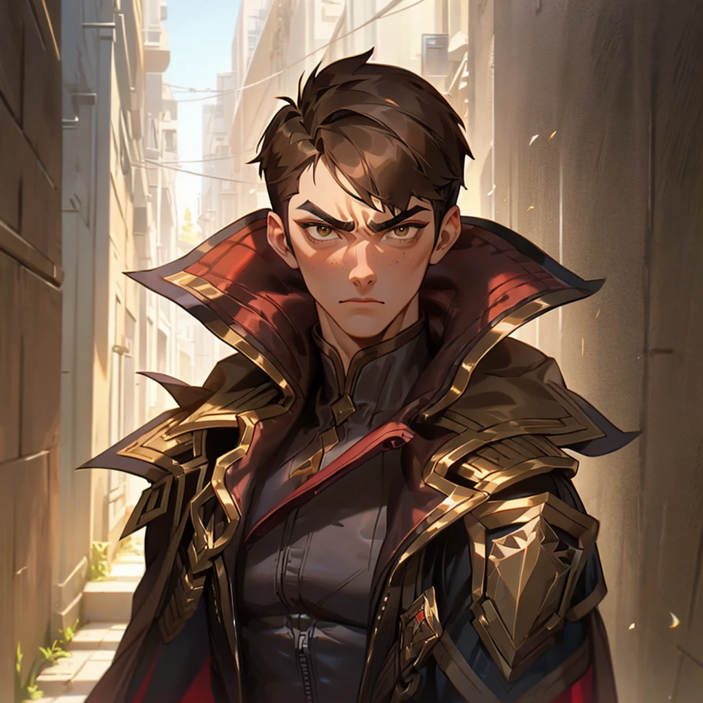 arcane style, (1 man), handsome, cropped hooded jacket, dark red jacket with black details, asymmetrical bangs, band-aid, short hair (shaved on one side), bangs freckles, light brown eyes, muscular man, looking at viewer, brown hair, detailed background, school, alley, dark alley, night, angry, close-up, mouth closed, , ((masterpiece)), masculine face,