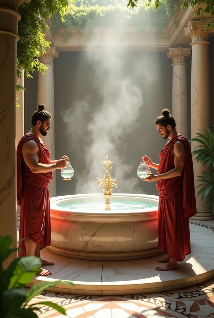 boy with long hair being bathed by other men