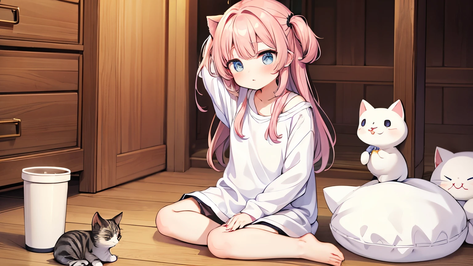 masterpiece,Cute girl and real kitten, Holding his head、Big blunder、I&#39;m in a hurry