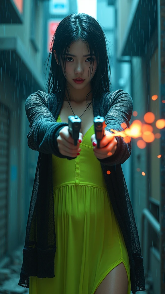 woman in yellow dress holding two guns in a alley, iu lee ji-eun as a super villain, with pistol,(Sparks fly from the gun in his right hand proyectil: 1.4), (Sparks fly from the gun in his left hand proyectil; 1.4) 8K Artgerm Bokeh, Ross Tran 8 K, cinematic shot ar 9:16 -n 6 -g, epic 8 k hd anime shot, shooting pose, cinematic. by leng jun, badass anime 8 k, anime bullet vfx,( XLabs F.1 Realism LoRA V1),( background alley walls stones Tokyo night),( floating particles, magic fire), (with a red smoke adding a touch of sinister ambiance),( colored glass blue background),( wet hair, Wet lime green camisole dress, Sheer cardigan, socks), (Sparks fly from the gun in his right hand: 1.4), (Sparks fly from the gun in his left hand; 1.4), heavy rain, After the rain, A corner in an abandoned city: 1.4, (The street is dark: 1.5, Professional low angle camera work, cinema lighting), (pose americano :1.4) 