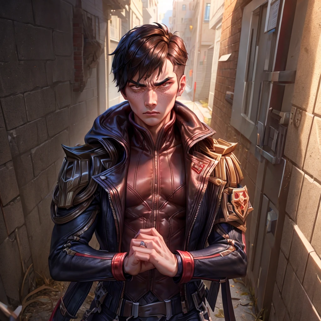 arcane style, (1 man), handsome, cropped hooded jacket, dark red jacket with black details, asymmetrical bangs, band-aid, short hair (shaved on one side), bangs freckles, light brown eyes, muscular man, looking at viewer, brown hair, detailed background, school, alley, dark alley, night, angry, close-up, mouth closed, , ((masterpiece)), masculine face,