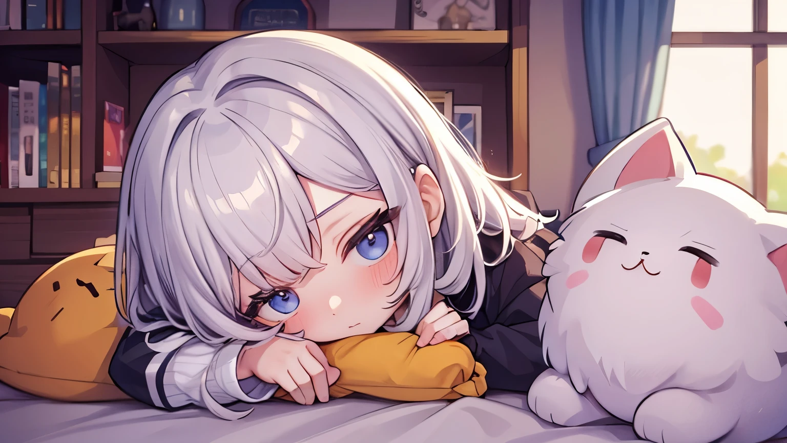 Chibi、Lying, Closed eyes, Sleeping,profile、masterpiece、top-quality、Top image quality、white hair、Scattered hair、Broken glass、