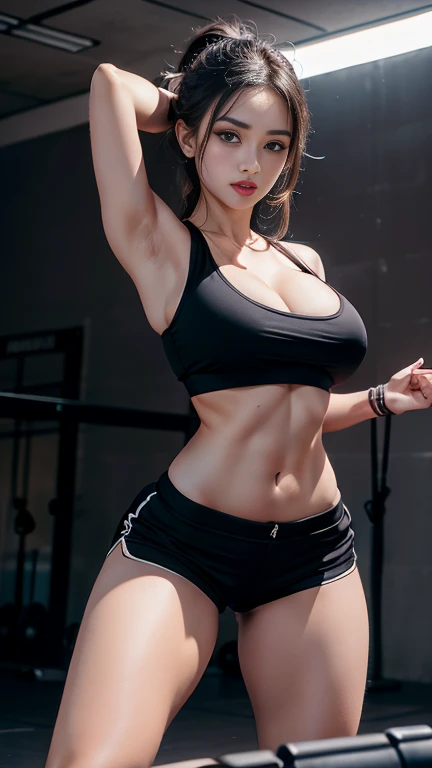 Highly detailed CG Unity 8k wallpaper, of the highest quality, masutepiece, Realistic, photographrealistic, Highly detailed beautiful woman, 30 year old、(((medium tits)))、cleavage , (get sweaty) , Round eyes, ((You can see the shape of the nipple through the clothes))、Realistic female hands、viewer, blush, Smile, ((Tall pretty woman))、((Vertical navel))、Parted lips, full body photographed , red Tank top , Lewd sportswear ,((Muscle training))、 squatt, (((Thin sportswear)))、sports gym、erect through、Muchimuchi、(((Taken from below)))