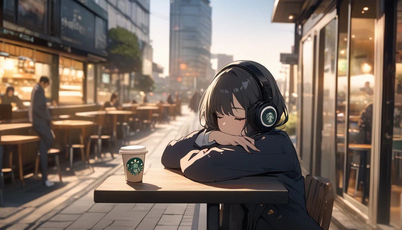 (masterpiece, Highest quality:1.4), 1 girl, solo, Anime Style, Blurred feeling, focal distance, The depth of the written world is shallow, A woman wearing black headphones is sleeping face down on a table on the terrace of a stylish, modern Starbucks-like cafe., Wearing a white blouse and a navy jacket, Tokyo, Streetscape, City, building, Sunny, The woman&#39;s face is depicted in detail.