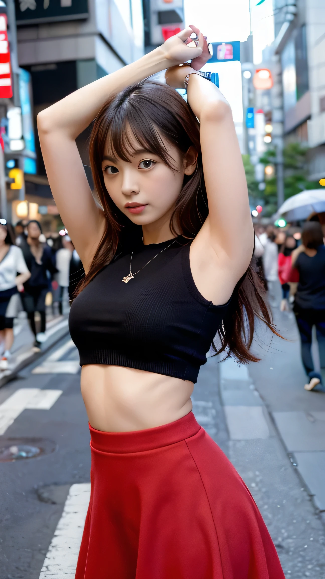 Arafed asian woman in a black top and red skirt posing for a picture ...
