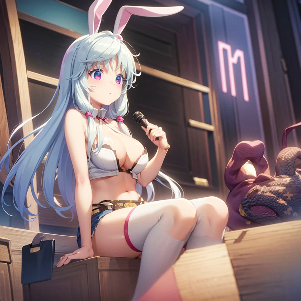 Beautiful girl, bunny ears, long hair, white hair, hair covering ears, red eyes, naked shirt, white shirt, cleavage, open clothes, shirt open, no bra, denim shorts, one girl, Animal ears, Bunny ears, 