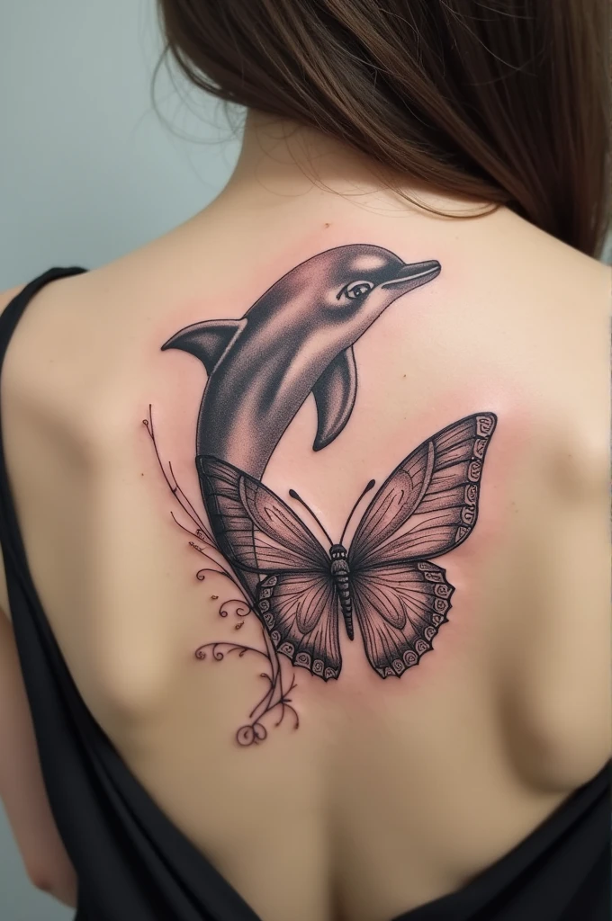 Girl, gorgeous, big breast, nipple, slim, amazing colored dolphin tattoo, back