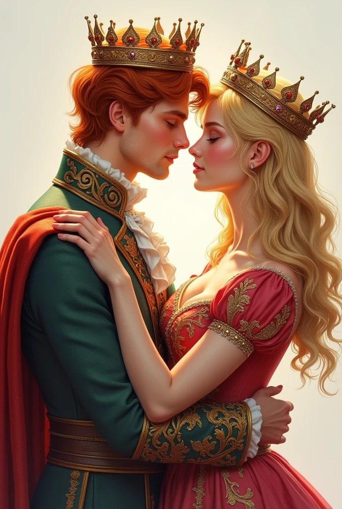 Couple kisses a house and a woman with much affection, the man Neels Visser is a prince who has golden blonde hair, wears a medieval military outfit and is in love with the commoner woman Lily Collins, who has dark curly black hair and wears a red dress, illustration of a romance book cover with a detail, smooth, bright background full of flowers ivy toppings and red roses, castle, ornate dress standing on a bed of roses, edge light, lighting lighting, ethereal lighting, ultra detail, concept art, elegant, surreal, art by Lisa Aisato, Greg Hildebrandt, Citemer Liu, Stjepan Sejic, Samyang, Aykut Aydogdu, Justin Gerard, Alphonse Mucha, Artgerm, WLOP and Greg Rutkowski