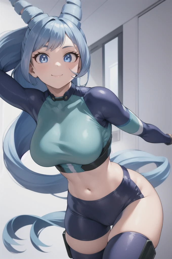 (best qualityer:1.2), 1 girl, (work of art:1.2), ray tracing, cute face, face perfect, ultra detaild,face detailed, 8 k wallpaper,(Broad Hips:1.2), absurd resolution,  Hadou Nejire_VND, 1 girl, blue colored eyes, hair blue, breasts big, long hair, hair horns, twin drills, pierce hair,  open air, ssmile, gaping mouth, crop top leggings, sprinting