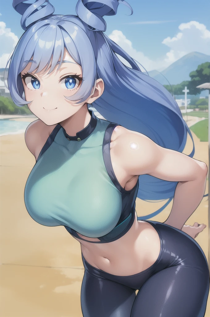 (best qualityer:1.2), 1 girl, (work of art:1.2), ray tracing, cute face, face perfect, ultra detaild,face detailed, 8 k wallpaper,(Broad Hips:1.2), absurd resolution,  Hadou Nejire_VND, 1 girl, blue colored eyes, hair blue, breasts big, long hair, hair horns, twin drills, pierce hair,  open air, ssmile, gaping mouth, crop top leggings, sprinting