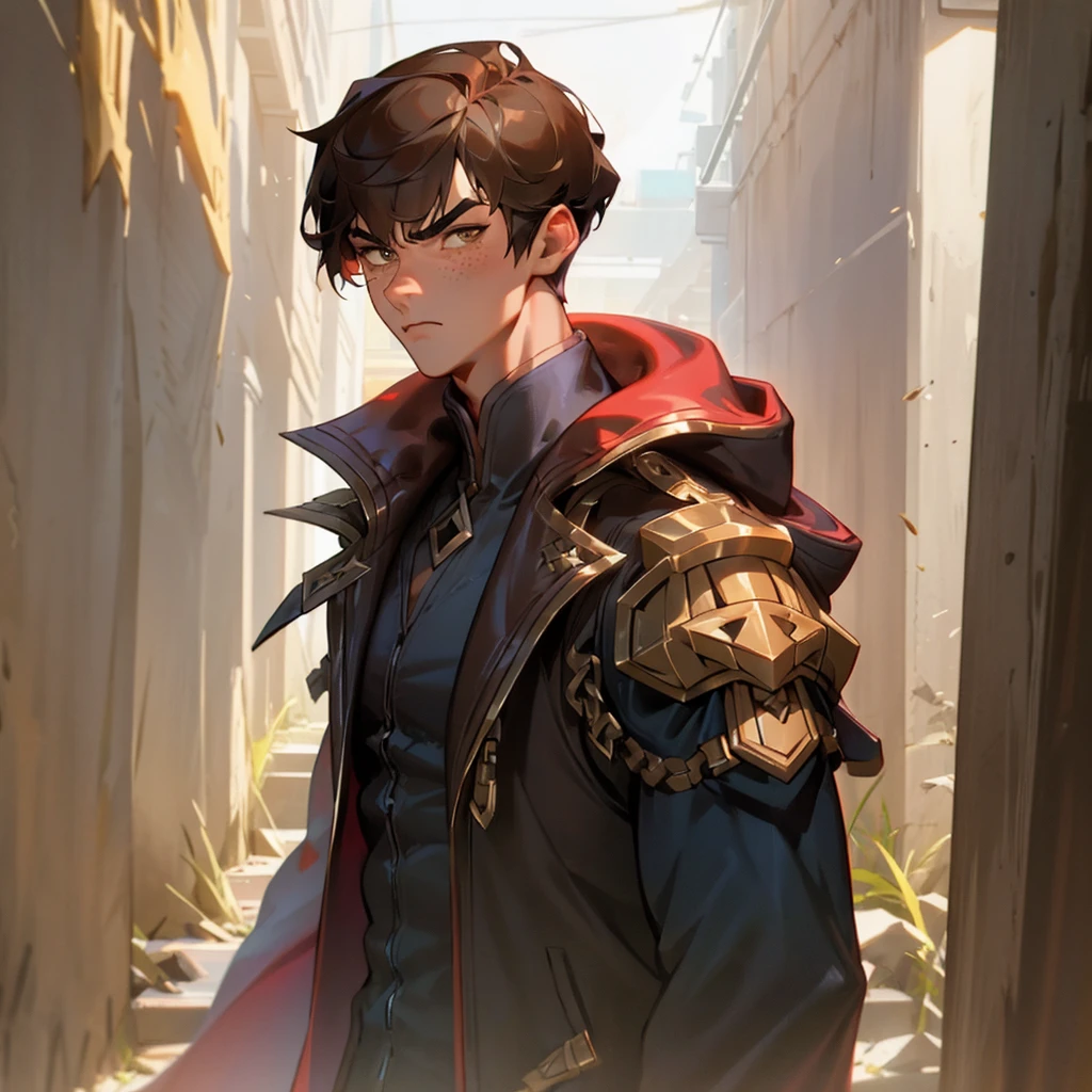 arcane style, (1 man), handsome, cropped hooded jacket, dark red jacket with black details, asymmetrical bangs, band-aid, short hair (shaved on one side), bangs freckles, light brown eyes, muscular man, looking at viewer, brown hair, detailed background, school, alley, dark alley, night, angry, close-up, mouth closed, , ((masterpiece)), masculine face,