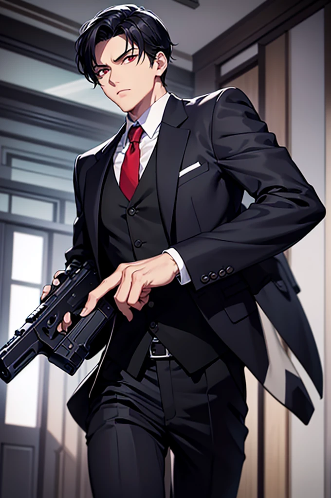 solo　A dynamic pose of running into a room with a gun in one hand。Hold the gun in one hand。Please wear a suit and tie、Black hair, short hair, red eyes。Handsome , A magnificent and elegant portrait, Art Station Trends, Japanese detective, Black Suit, Highly detailed fan art,Holding a gun。