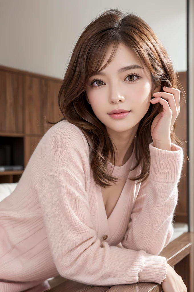 ((highest quality, 8k, masterpiece: 1.3)), Sharp focus: 1.2, Beautiful Japanese Idols: 1.4, Plump: 1.4, ((Light Brown Hair, big: 1.2)), (bedroom: 1.1), Highly detailed face and skin texture, Fine grain, smile, Lightweight sleeveless knitwear, Beautiful bust, Hole in clothes in chest area,whole body,(((Leg spread))),Dimples,