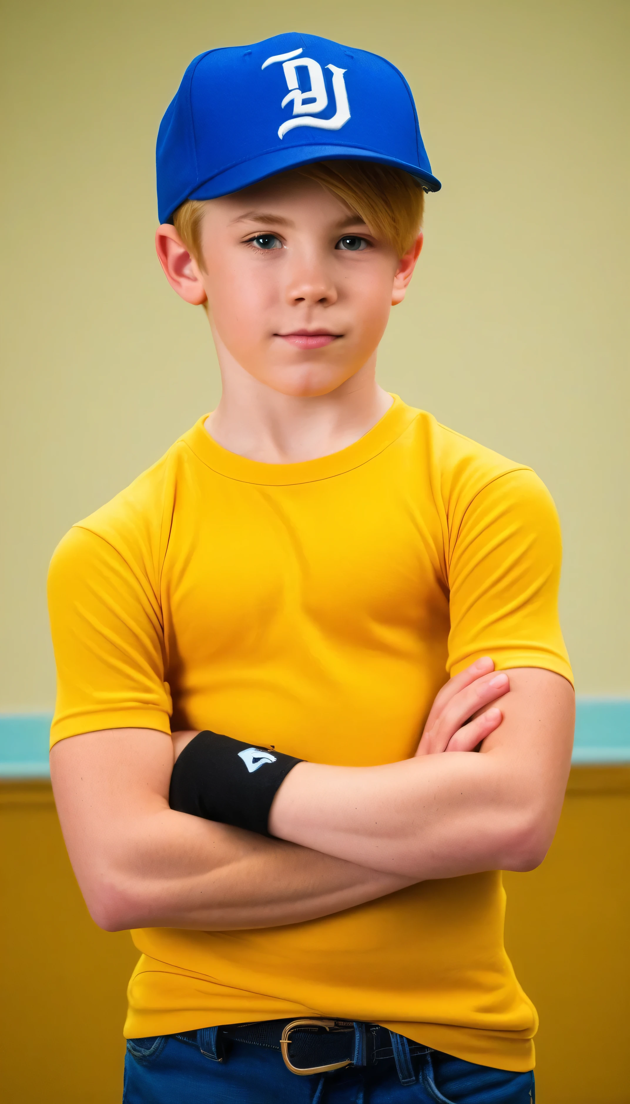 A photo of a super dumb young  male teenager bodybuilder Innocent face idiot expression super muscular blonde redhead handsome dumb face roided giant muscles full kindergarten kid classroom wearing a super tight shirt tight biceps flexing giant ever muscles erect cock penis pale tattooed baseball cap smirk toddler
