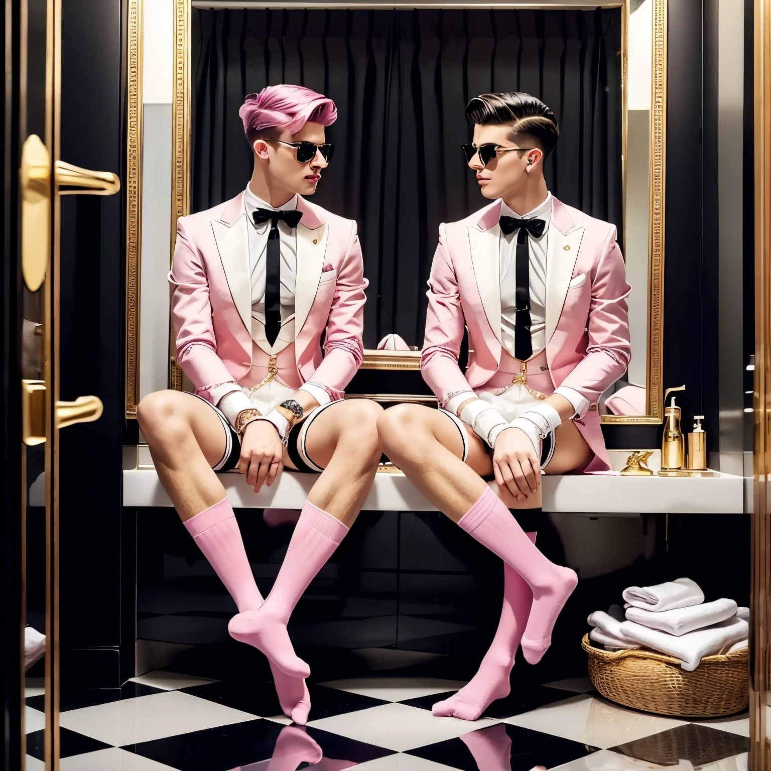 full body view, 2 two arogant rich fashion preppy white european gay men in black dapper jackets, boxershorts, in their pink luxury socks with sock garters ,no shoes, wearing golden rings, diamond rings, golden necklaces, sunglasses, diamond watch, fashion undercut haircuts, looking at themselves in a mirror, in a luxurious classic, showing off their pink socks and sock garters, bathroom . Grabing, kissing, touching, feeling . their pink socks and sock garters must be seen 