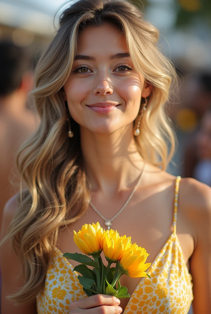 Creat a beutyfull girl Gender: Female
Age: Young adult
Body Features: Joy has a slender and energetic build,
radiating positivity through her posture and facial expressions. She has a bright smile and lively eyes that convey happiness.
Clothing: Imagine Joy wearing a sleeveless yellow dress made from lightweight, flowing fabric. The dress is adorned with small patterns or motifs that symbolize happiness and sunshine. She pairs this with comfortable sandals or ballet flats in vibrant colors.
Hair Color & Style: Her hair is a sunny blonde, styled in a bob that's neatly trimmed and often adorned with colorful headbands or clips.