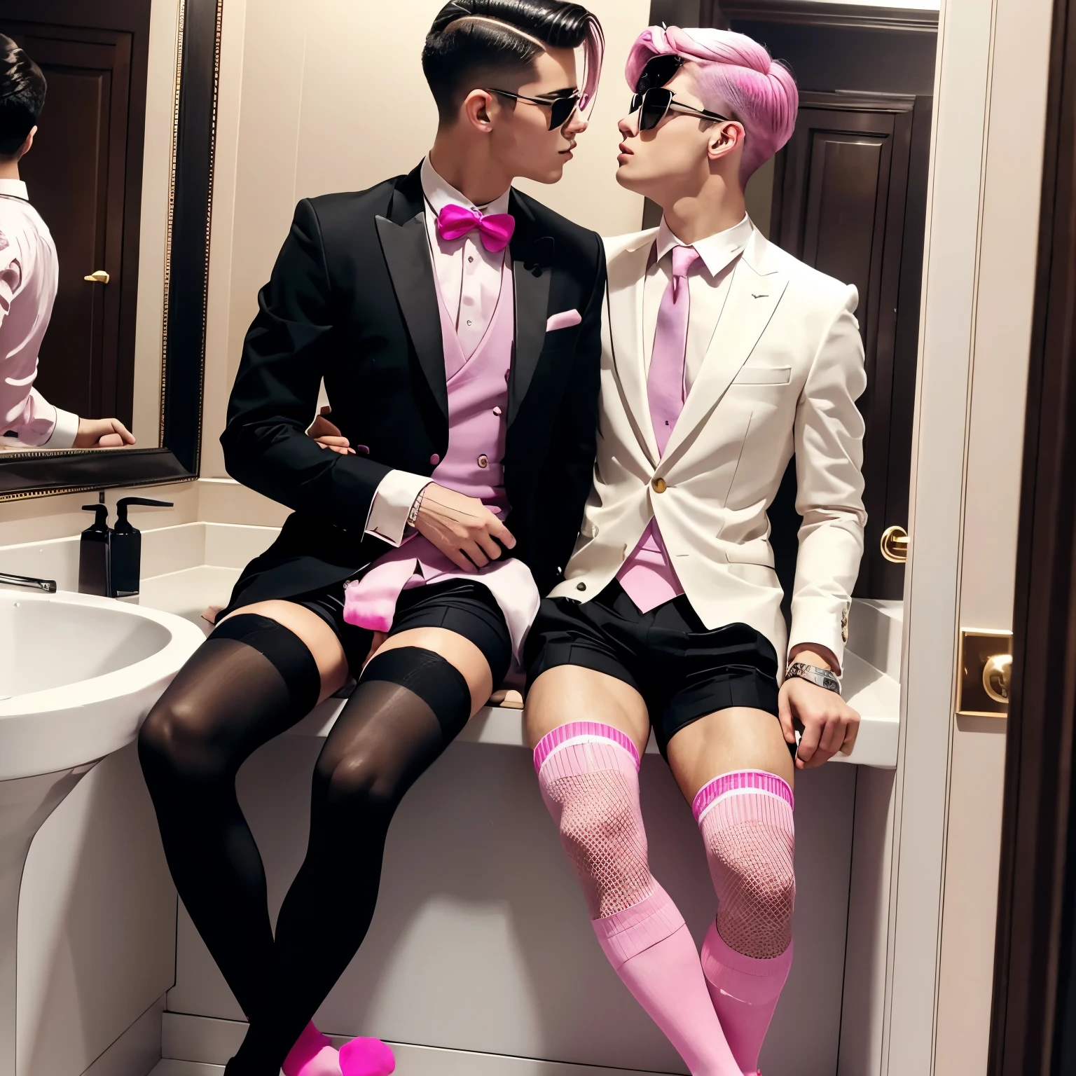 full body view, 2 two arogant rich fashion preppy white european gay men in black dapper jackets, boxershorts, in their pink luxury socks with sock garters ,no shoes, wearing golden rings, diamond rings, golden necklaces, sunglasses, diamond watch, fashion undercut haircuts, looking at themselves in a mirror, in a luxurious classic, showing off their pink socks and sock garters, bathroom . Grabing, kissing, touching, feeling . their pink socks and sock garters must be seen 