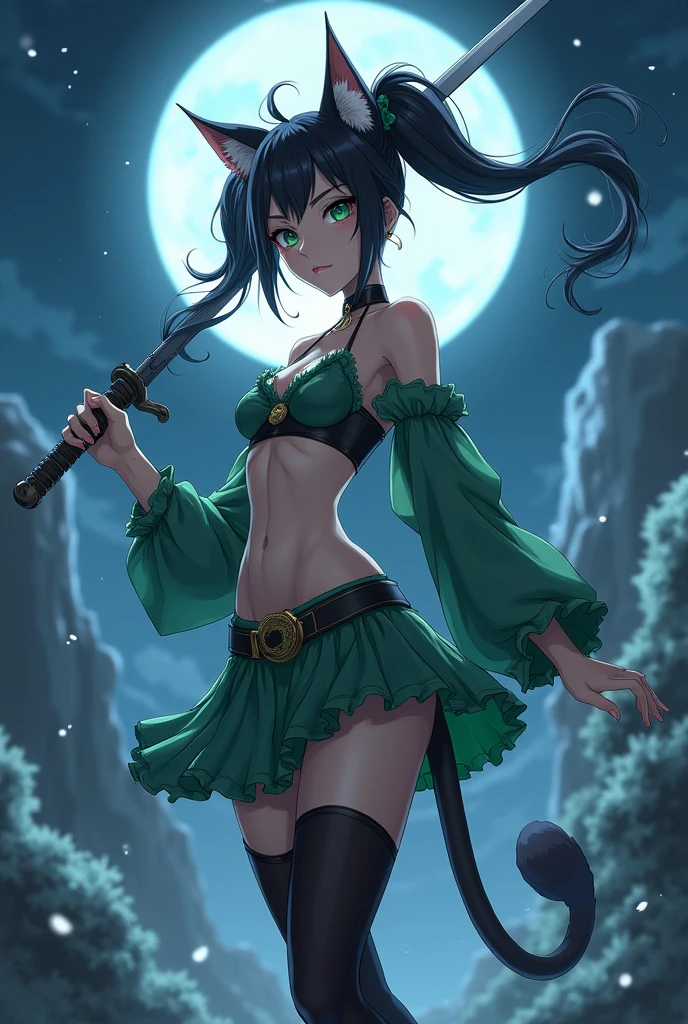 Absurdres, Masterpiece, anime, high quality, HD, best quality, perferct anatomy, simole background, cowboy shot, alone, front view
{{35 years old wrestle woman: (black medium-lenth straight hair tied on short twintails, 3 black hair forehead fringes, blue eyes with black pupils, fair skin, sharp nose, thick black eyebrows), tall body, medium breasts, voluptuous body, beautiful feminity, beautiful legs,(blue twintails ribbons), green thick bra, green neckbelt, white shoulder plates, green short skirt, green metal gauntlets, green steel elbow plates, green long boots, blue leggins),(calmed expression, funny open smile, wise and motherly demeanor, ready to fight on a wrestling deffensive combat pose),(dark orange sky, night day with dark orange sky, blue moon in the sky, illumination during night sky, black stone ruins, rocks and crystal spikes all around)}}