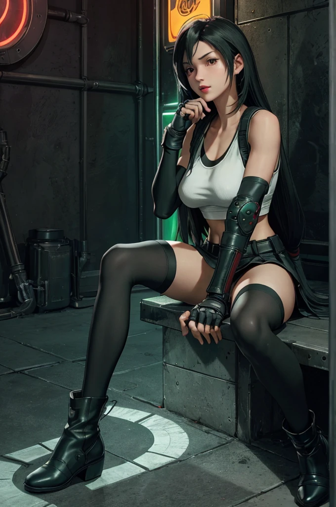 Tifa Lockhart, Final Fantasy VII,,Ankle boots, Black Hair, black skirt, black knee socks, Big Breasts, Cityscape, Crop top, Elbow Gloves, Elbow pads, fingerless gloves, whole body, Headrest, Small face,8 heads,Clear red eyes,lips,View your viewers, low-tied long hair, Panties,Midgar, Green light, night, masterpiece,Highest quality,High resolution,((Accurate human body)),The correct five fingers,True to prompts,Cinema Lighting,The right two legs,, female masturbation