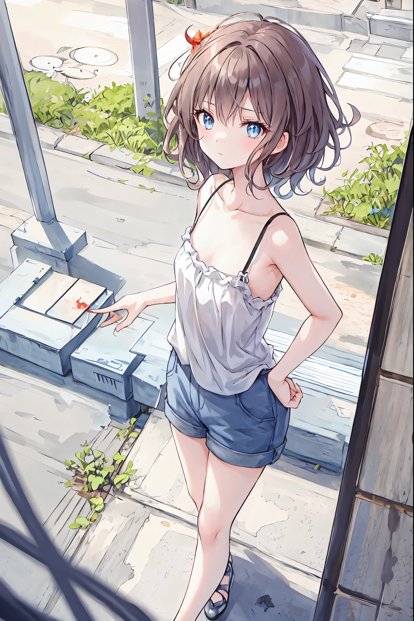 Brown Hair，Shortcuts，Messy Hair，Slender beauty，Hall々A positive attitude，Small box，Beautiful legs，Her enchanting grey-blue eyes shine like stars，(Eye focus, face, close:1.15), Looking viewer, (Wind, Floating Hair:-1). (From above:1.2), From the side, camisole, Shorts, shorthand, Looking_return, Turn your head, Hip, Tomboy, Dutch Angle,My hair spread out, Are standing