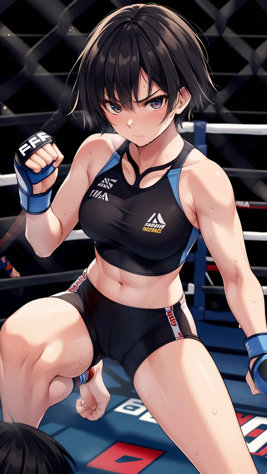 （very highly detailed background：1.0）， （highly detailed back ground：1.0）， （tmasterpiece）， high high quality， 1girll， woman， Tattooed with，Tomboyish，动态照明， Highqualityshadow， femminine，Clothing that exposes，（Best quality at best）Photographic reality，realisticlying，very detailed illustration，（1 girlirl），beautidful eyes，（delicated face），perfect  detail，（best illuminate），（super complex detail）、（Fighting girl）Perfect details、perfectfingers、Perfect limbs、Shock force、（Shiny skin）、Abs，musculature，Waist line，short detailed hair，Sports tops，sweat shorts，Fighting Ring，fightingpose，sweat leggs，Breathe heavily，4K unification，（Ultra Fine CG：1.2），（8K：1.2），realisticlying，rendering by octane