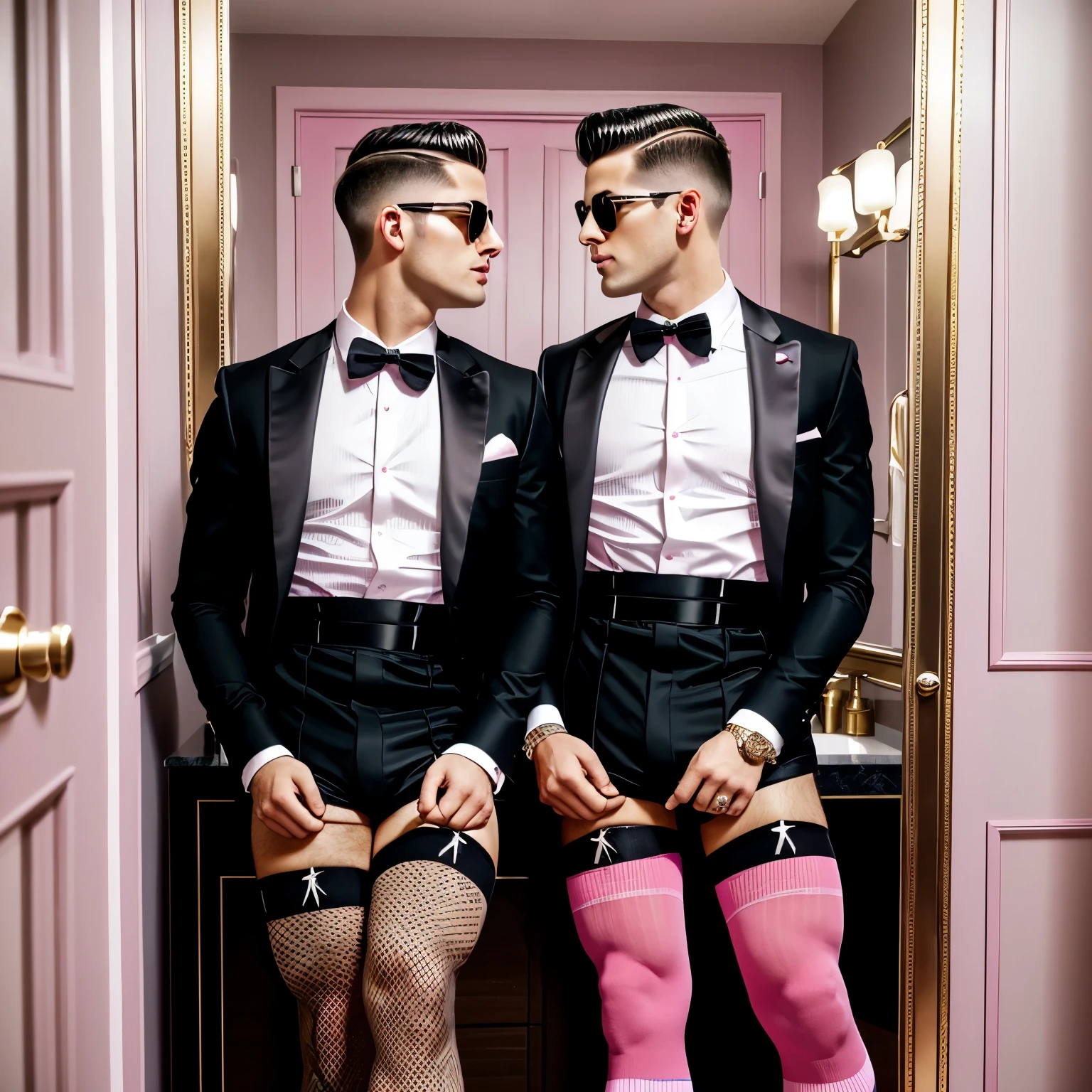 full body view, 2 two arogant rich fashion preppy white european gay men in black dapper jackets, boxershorts, in their pink luxury socks with sock garters ,no shoes, wearing golden rings, diamond rings, golden necklaces, sunglasses, diamond watch, fashion undercut haircuts, looking at themselves in a mirror, in a luxurious classic, showing off their pink socks and sock garters, bathroom . Grabing, kissing, touching, feeling . their pink socks and sock garters must be seen 