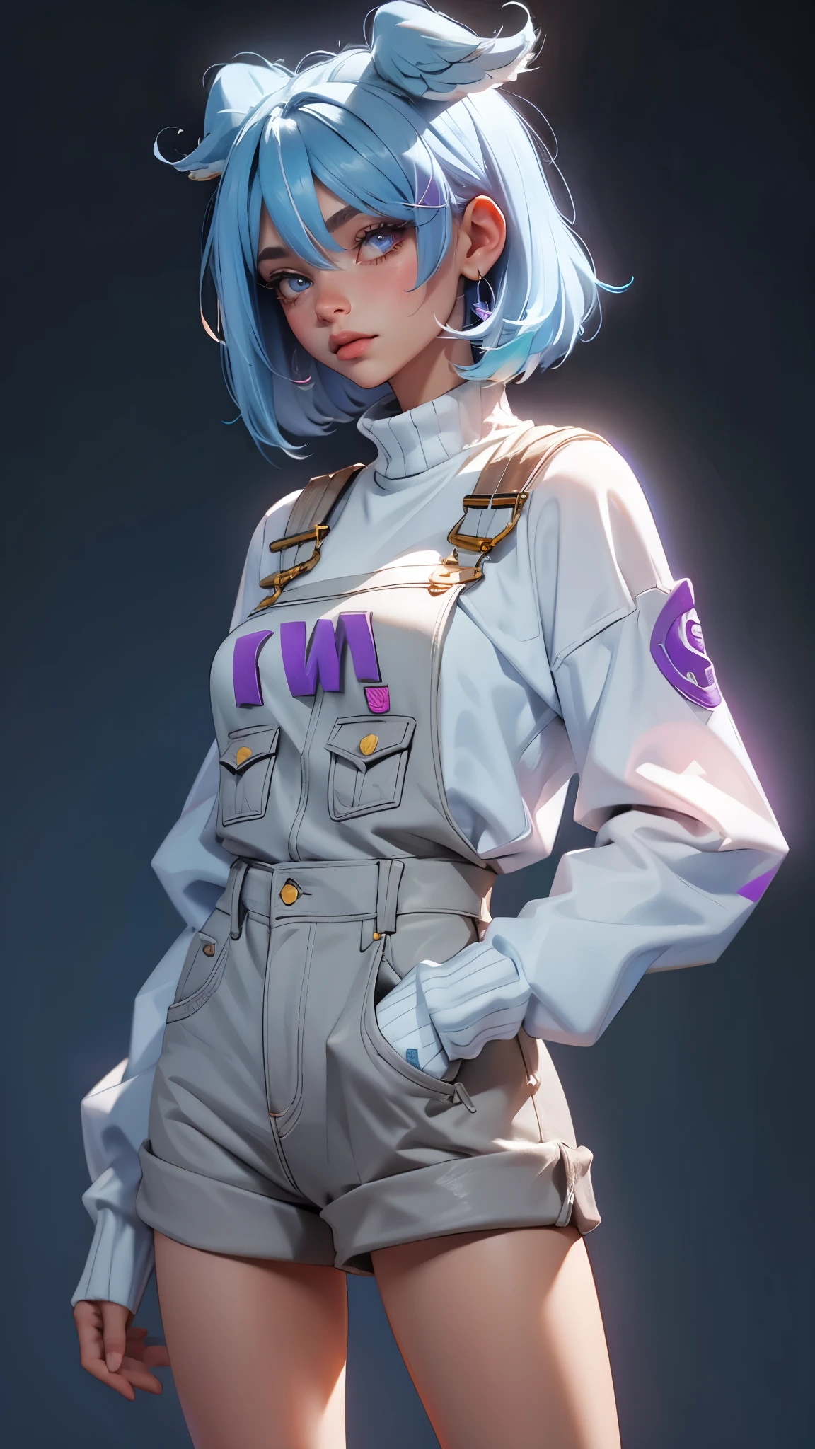 envision a 8k, highres, cinematic, beautiful extreme close up face Pinup of a sexy woman with a slender muscular body, strong mature older face, (((short light blue hair))), side locks, long bangs, purple eyes, long sleeves, overalls, white sweater, off shoulder, grey gloves, one eye covered, overall shorts, ((((1girl)))), in dark lighting, against a dark gray background