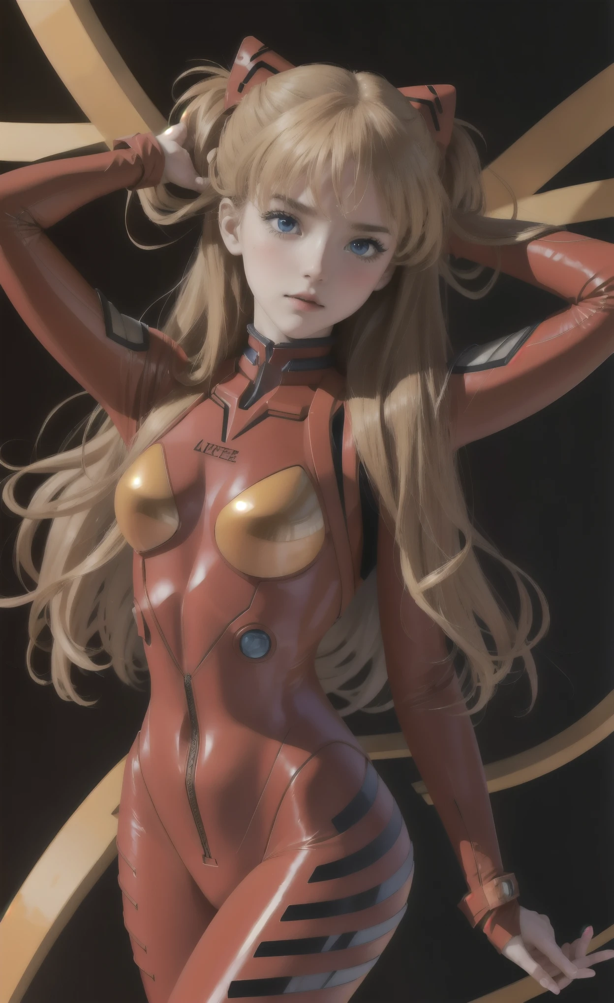 ((Asuka Langley Sohryu)), ((extremely detailed 8k illustration)), high resolution, (extremely detailed and hermoso background), pintura ultra detallada, professional illustration, Ultra-precise representation, Ultra-detailed rendering, (hermoso and aesthetic:1.2), hdr, (profundidad de campo:1.4), vistoso, vivid, hermoso detailed glow light particles, intrincado:1.4, buenas manos, manos perfectas, (mujer), Detalles de la cara:1.2, cara bonita, (Blue eyes), Hermoso rostro, ojos bonitos, ojos brillantes, labios delgados, pale and sharp eyebrows, long eyelashes, Long lower lashes, double eyelids, ((Asuka de Evangelion)), ((traje eva 02 de latex rojo con fuerte brillo metalico y superficie lisa)), highly detailed hermoso face and eyes, ((sonrisa, mirando lascivamente)), mirar al espectador, evento, (exquisite lighting and shadow), dynamic angle, DSLR, Sharp focus: 1.0, Maximum clarity and sharpness