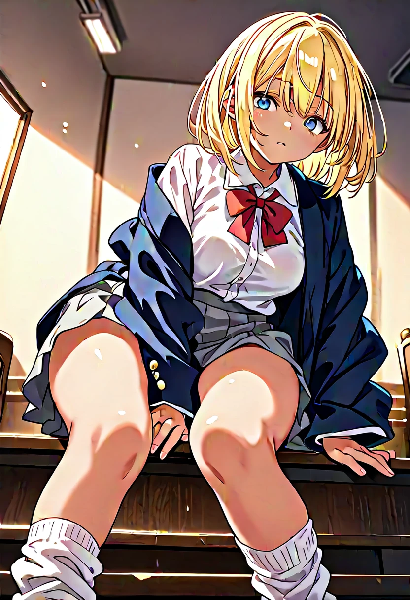 masterpiece, Highest quality, Very detailed, 16K, Ultra-high resolution, Cowboy Shot, 14-year-old girl, Detailed face, Surprised face, blue eyes, Blonde, Short Hair, jcf, shirt, Navy Skirt, School classroom, White panties, Cute Panties, (Full-fledged panties:1.3), (cameltoe:1.2), (Spread your legs wide:1.6), (Sitting on the floor:1.3), (Raise both knees:1.3)