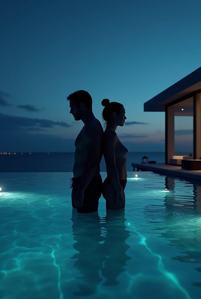 shy looking slender blonde girl naked with two black men, sitting in hot tub, nighttime, touching the 2 men
