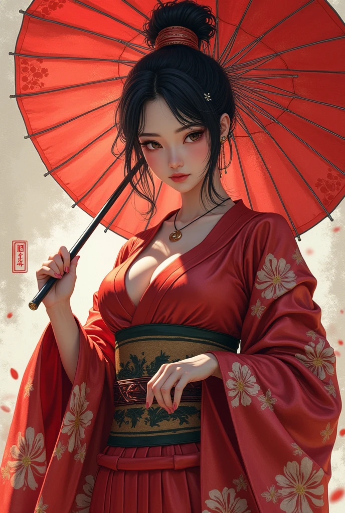 
beautiful japanese woman with big breasts in revealing kimono сад сакура зонт