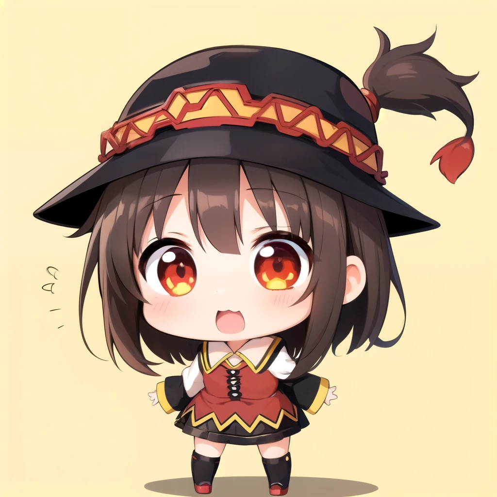 1 girl, chibi, chibi style,  the hymen, :3, simple background, Megumin&#39;s hat, cabelo curto marrom, Eyes red, :3, chibi, chibi style