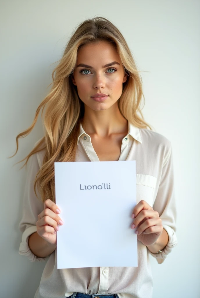 A blonde woman with long hair and blue eyes must be standing against a ...