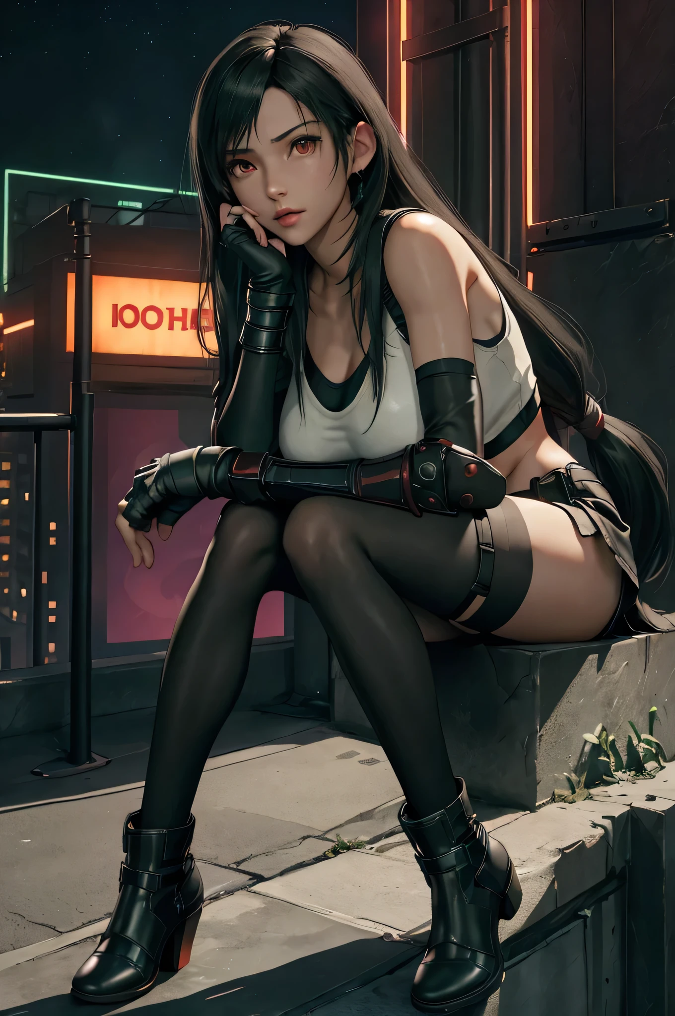 Tifa Lockhart, Final Fantasy VII,,Ankle boots, Black Hair, black skirt, black knee socks, Big Breasts, Cityscape, Crop top, Elbow Gloves, Elbow pads, fingerless gloves, whole body, Headrest, Small face,8 heads,Clear red eyes,lips,View your viewers, low-tied long hair, Panties,Midgar, Green light, night, masterpiece,Highest quality,High resolution,((Accurate human body)),The correct five fingers,True to prompts,Cinema Lighting,The right two legs,, female masturbation