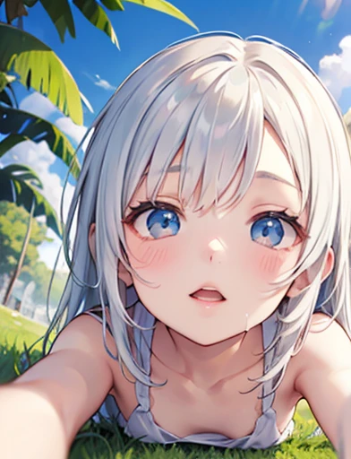 look up,close your eyes,Ocean,Beach,sit on beach,Wet Hair, Wet Skin, Water running over the skin,Sleepy eyes,strict,{{{{{Flat Chest}}}}},Very small breasts,lovelive!,strict,Open your arms,nude, Bare Chest,(masterpiece, Highest quality:1.2),shape,8K,High resolution,One Girl,alone,body,(Portraiture:1.2),Long Hair,,blue eyes,Black knee socks,Grey Hair,Hair between the eyes,Gray Hair
