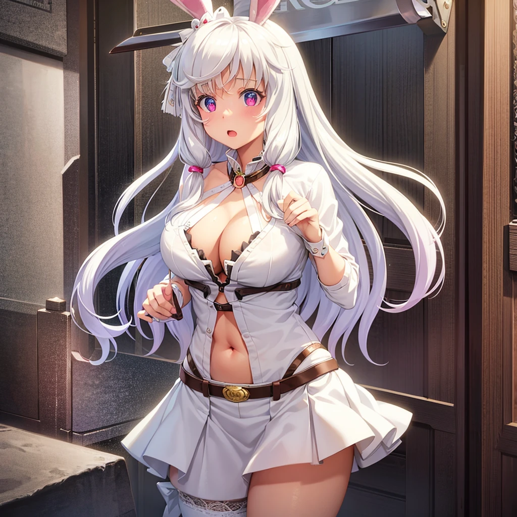 One girl,beautiful girl,Bunny ears,Animal ears,Long Hair,White Hair,Hair covering ears,Red eyes,dress shirt,White shirt,Cleavage,Open clothes,The shirt is open in the front,All the buttons are off,No bra,Denim shorts 