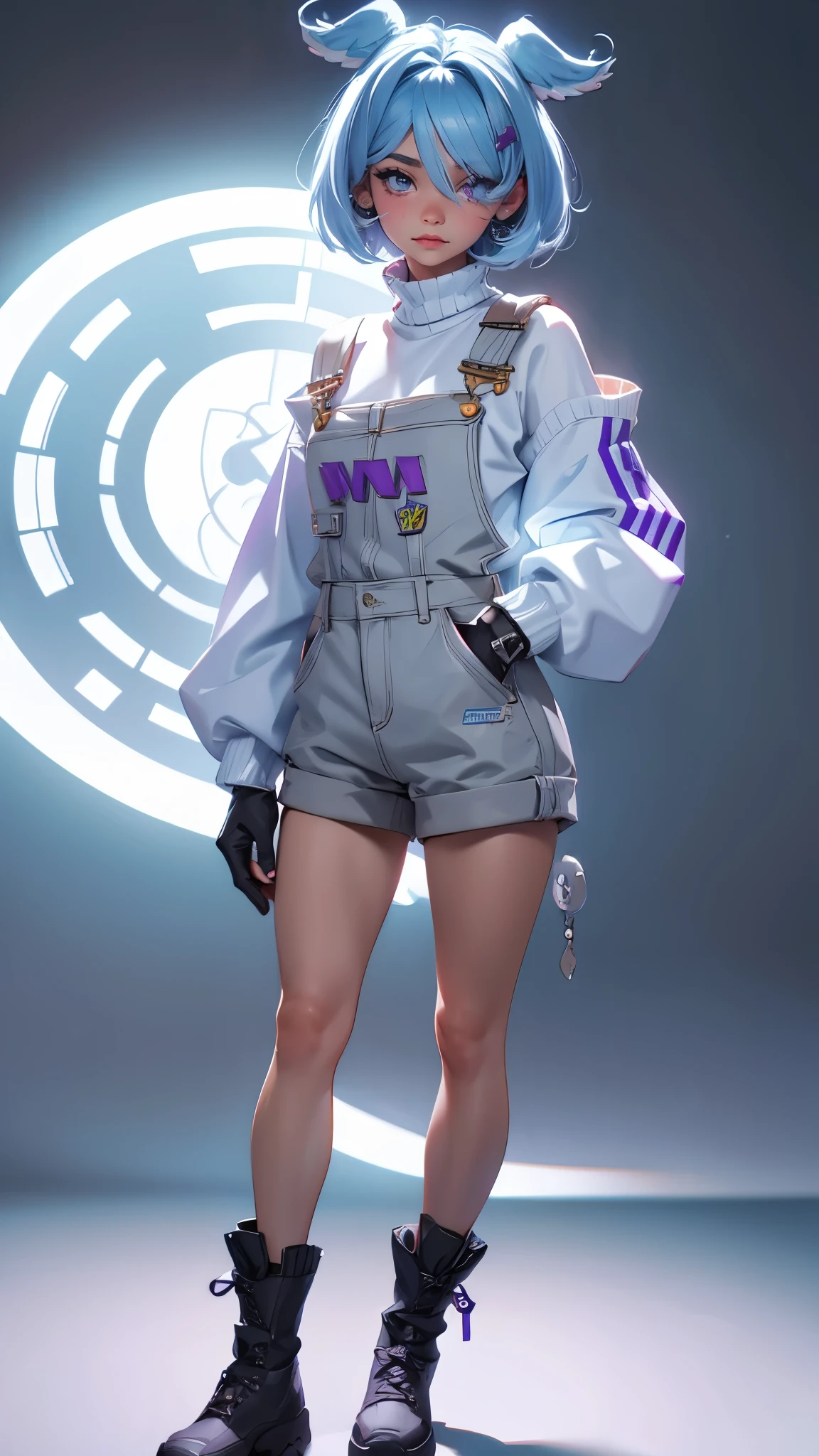 envision a 8k, highres, cinematic, beautiful full body Pinup of a sexy woman with a slender muscular body, strong mature older face, (((short light blue hair))), side locks, long bangs, purple eyes, long sleeves, overalls, white sweater, off shoulder, grey gloves, one eye covered, overall shorts, boots, ((((1girl)))), in dark lighting, against a dark gray background