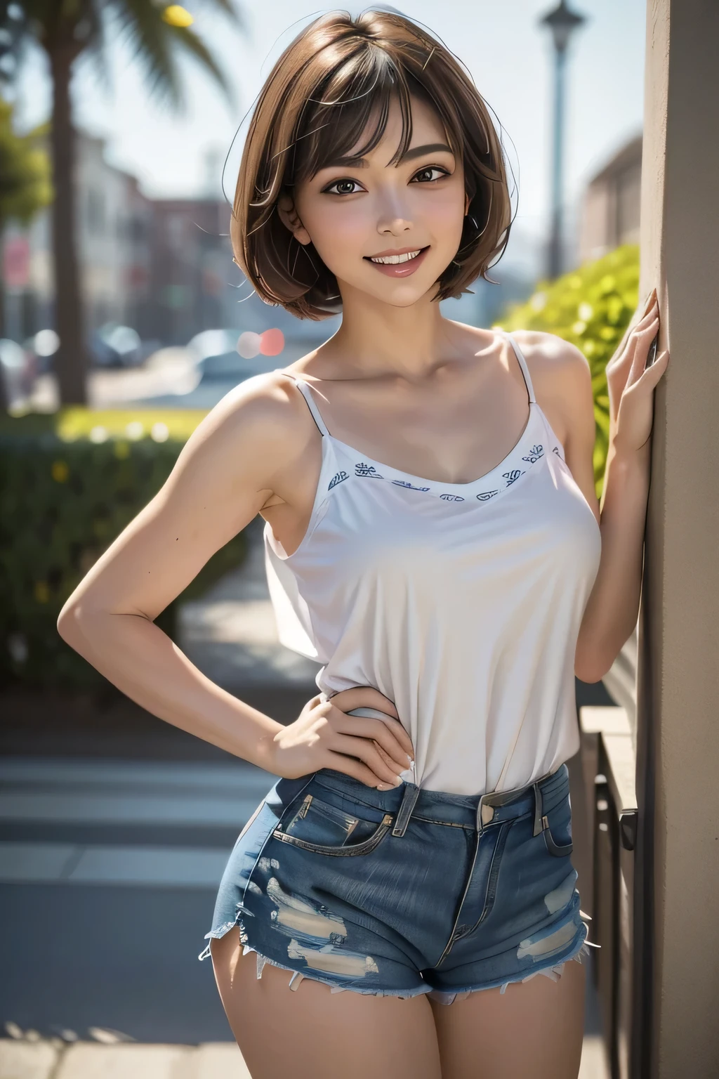 (8k, RAW Photos, 最high quality, masterpiece: 1.2), High-quality RAW color photos, Professional photo shoot, Cinematic Light, alone, (((1 Female, Middle ))), (Skin with attention to detail: 1.2), clavicle, Beautiful Face, Beautiful appearance, Clean your eyelashes, (Brunette Pixie Cut, Brown eyes), (Large Breasts), Highly detailed face and skin texture, Beautiful Eyes, double eyelid, (grin), Place your hands behind your back, Big Breasts, Normal hip joint, Cowboy Shot, (((T-shirts:1.5, Shorts:1.2, Camisole dress))), Backstreets, Leaning against a wall, Smooth texture, Gazing Eyes, Beautiful Skin, Glowing Skin, Anatomically correct, Background blur, high quality, surreal, Bright colors, ((Very detailed, photo shoot)),