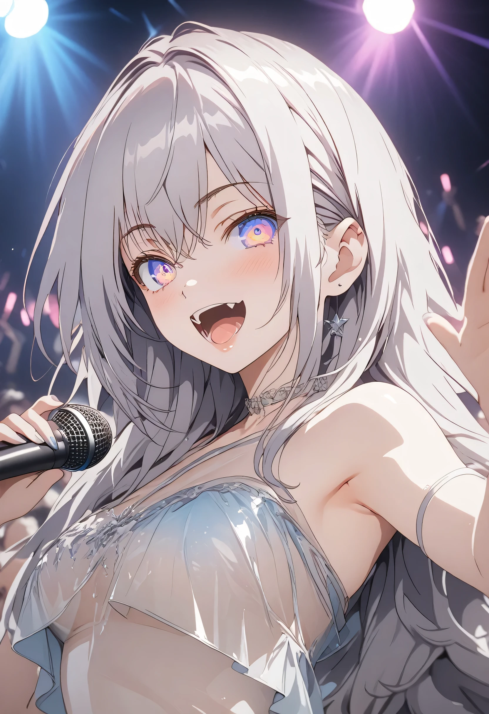 ,solo, colorful eyes,{{{{colorful Eye}}}},open mouth,unparalleled masterpiece,{{perfect female figure}},off-shoulder idol dress, arm up, armpits, midriff, holding microphone, concert, spotlight, glowstick, {{{best quality, very aesthetic, ultra-detailed}}}, extremely detailed, perfect anatomy, {{{game cg}}}, vector trace,{{{{{watercolor}}}}},{watercolor style}, translucent layers, delicate blending, fluid texture, subtle colors, organic shape,shiny skin,vibrant colors,detailed background,best quality, amazing quality, very aesthetic, absurdres,{{{{Very aesthetic,best quality, highest super resolution}}}},extremely detailed CG,{{{promotional art, year 2023}}},translucent layers, delicate blending, fluid texture, subtle colors,organic shape,vibrant colors,good anatomy,good hands, good fingers,{{{real CG photography texture}}} ,highest awesome extremely fine,detailed face,beautiful eyes, absurdres,{{{{amazing quality,high quality, best quality}}}}, Digital art,highres,HDR, ai-assisted,, best quality, amazing quality, very aesthetic, absurdres.silver hair
