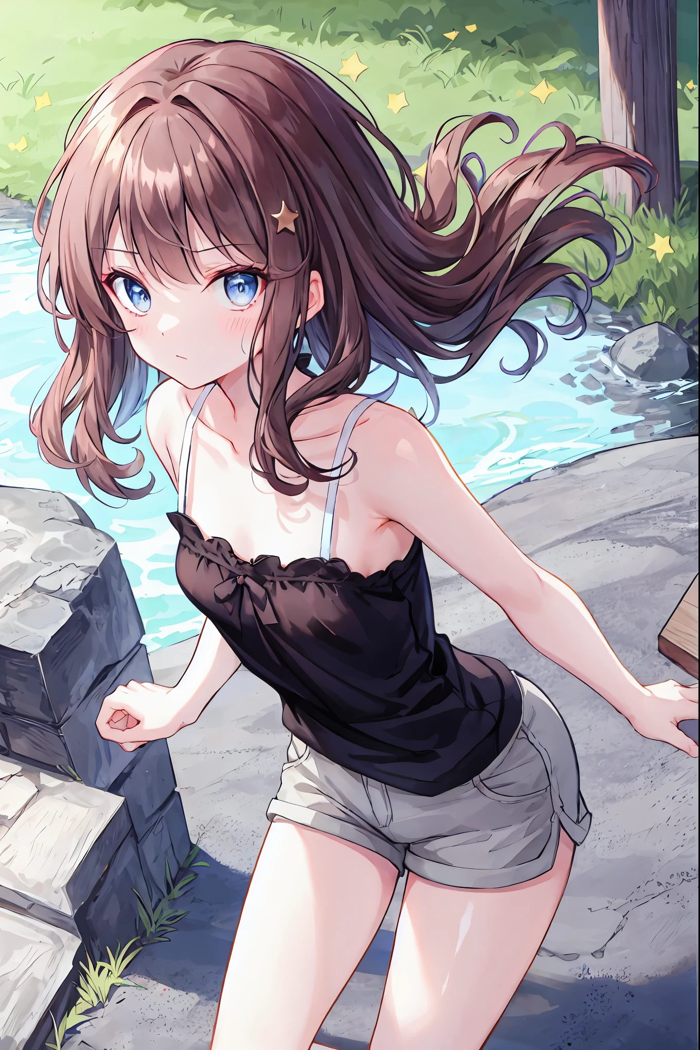 Brown Hair，Shortcuts，Messy Hair，Slender beauty，Hall々A positive attitude，Small box，Beautiful legs，Her enchanting grey-blue eyes shine like stars，(Eye focus, face, close:1.15), Looking viewer, (Wind, Floating Hair:-1). (From above:1.2), From the side, camisole, Shorts, shorthand, Looking_return, Turn your head, Hip, Tomboy, Dutch Angle,My hair spread out, Are standing