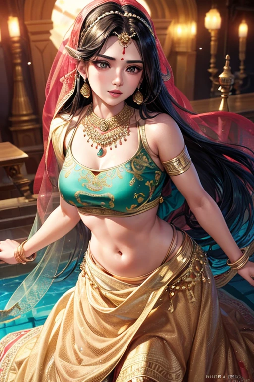 A bold and energetic exotic goddess,Sheer silk lace,Embroidery,armlets, bangle:1.3,Ancient hair accessories,