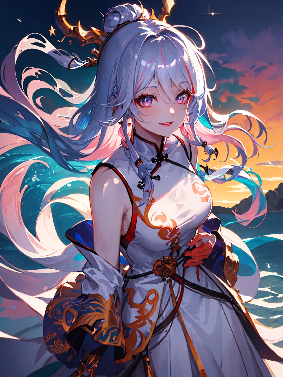 a close up of a woman with pink hair and a white mask, beautiful character painting, guweiz, artwork in the style of guweiz, white haired deity, by Yang J, epic exquisite character art, stunning character art, by Fan Qi, by Wuzhun Shifan, guweiz on pixiv artstation, Masterpiece, Best Quality, Waterfront, Banquet, 1 Woman, Mature Woman, Elegant, Chinese Style, Ancient China, Sister, Royal Sister, Happy, Meatball Head, Light Brown Hair, Pink Eyes, Gorgeous Headwear, Light Pink Lips, Pink Clothes, Yarn like Clothing, Intellectual, Full bangs, Flat bangs, Flower Ball, Face Delicate,Updo, a very beautiful girl, happy girl, clear waterfall, cool waterfall, detailed body, perfect anatomy, pink skin, blue eyes, glowing hair, detailed face, blushing, shy, cute, red lips, sharp eyelashes, cute smile, 1girl, female water spirit, water-colored hair, spring water inside, a few drops of water on the skin, extremely detailed face and eyes, (extremely long hair:1.4), (long floating hair:1.4), dynamic pose, detailed iris, sparkle eyes, star in eyes, (enchanting red eyes:1.3), (multicolored eyes), (light purple hair:1.3), (floating hair:1.3), (hair between eyes), (hair over one eye:1.3), (floating hair:1.3), hyper detailed, realistic, photorealistic, highly detailed, masterpiece, vibrant colors, glowing skin, soft lighting, ethereal, serene, magical, fantasy, digital art, concept art, realistic model, highly detailed, natural scenery, cgi, 8k resolution, masterpiece, photorealistic, photo-realistic, physically-based rendering, extreme detail description, vivid colors, studio lighting, ultra-fine painting