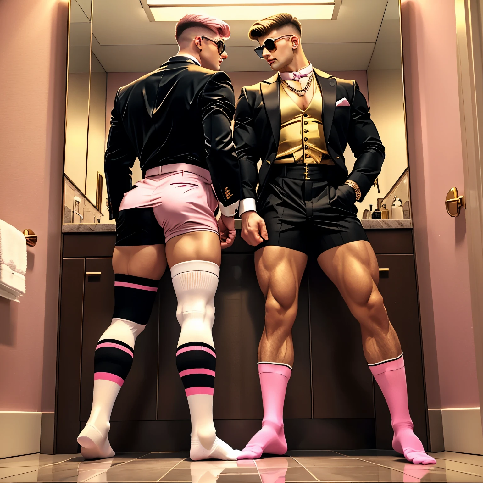 full body view, 2 two arogant rich fashion preppy white european gay men in black dapper jackets, boxershorts, in their light-pink luxury socks with sock garters ,no shoes, wearing golden rings, diamond rings, golden necklaces, sunglasses, diamond watch, fashion undercut haircuts, looking at themselves in a mirror, in a luxurious classic, showing off their light-pink socks and sock garters, bathroom . Horny, Grabing, kissing, touching pressing, feeling . their light-pink socks and sock garters must be seen 