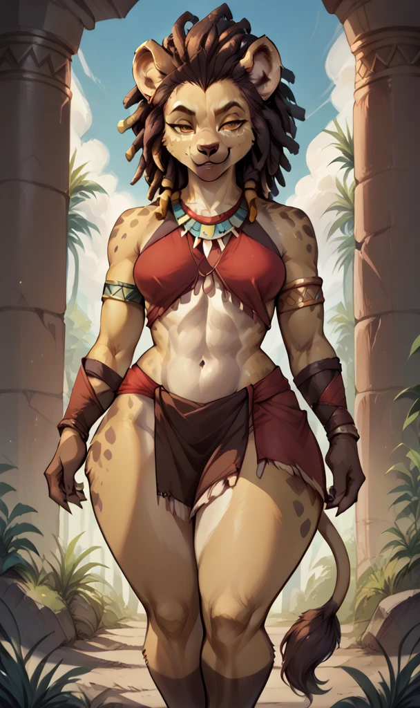 [2 people], {(anthropomorphic hyena woman, short fluffy hair, medium breasts, attractive, tribal clothing, shapely body, hyena tail, large, freckles, freckles on face, smug eyes, (expression of excitement), she is standing, large thighs)}, BREAK. 
{(anthropomorphic lion man, ((black lion man)), dreadlocks hair, spotted, attractive, royal clothing, shapely body, lion tail, seductive eyes (expression of passion), he is standing)}, BREAK. 
[both (hyena woman and lion man) are talking and having fun together, savannah], (random view)