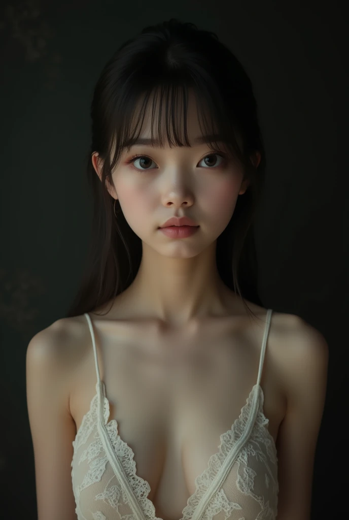 (masterpiece, highest quality:1.4), award-winning portraits, 8K, 85mm, alone, beautiful face, delicate girl, violaces, gardenia, grace, Sophisticated, cute, teen, looking at the viewer, 15 years old, Raw photo, disorganized, HDR, sharp focus, background bokeh、(((flat 、thin and delicate body、A childish atmosphere、basement)))、Her shiny semi-long hair is tied up、swaying hair、Mole on the left cheek、large, round, dark blue eyes、full body、random pose、Junior idol、Nogizaka Idol、mole under eye、sexy、naked、topless