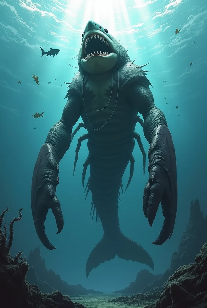 #quality(8k,wallpaper of extremely detailed CG unit, ​masterpiece,hight resolution,top-quality,top-quality real texture skin,hyper realisitic,increase the resolution,RAW photos,best qualtiy,highly detailed,the wallpaper,cinematic lighting,ray trace,golden ratio,), BREAK ,(a diver found a monster fish at deep deep sea),#monster fish(super huge like dinosaur,grotesque but beautiful),#diver(human,diving suit,holding a flashlight),#background(very deep sea,slight light),landscape,(from above:1.2),generate human diver and monster fish