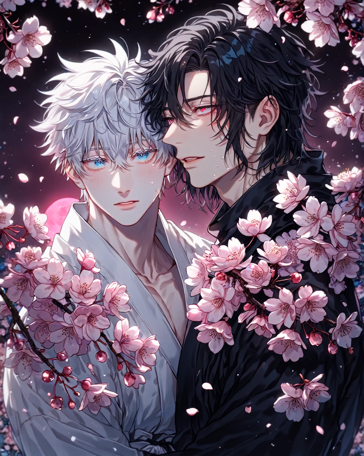 absurdres, highres, ultra detailed, HDR) master piece, best quality, extremely detailed, detailed eyes, detailed face, Kang Woojin, black hair, messy hair, expressive red eyes, hair between the eyes, Love Jinx, Gojou Satoru, white hair, expressive blue eyes, white eyelashes, two sexy men together, gay couple, yaoi, in love, handsome, manly man, adult face, white kimono, black scarf, black jujutsu uniform, cherry blossoms, pink fireflies, pink flowers, pink moon, garden, fantasy, magical, Jujutsu Kaisen