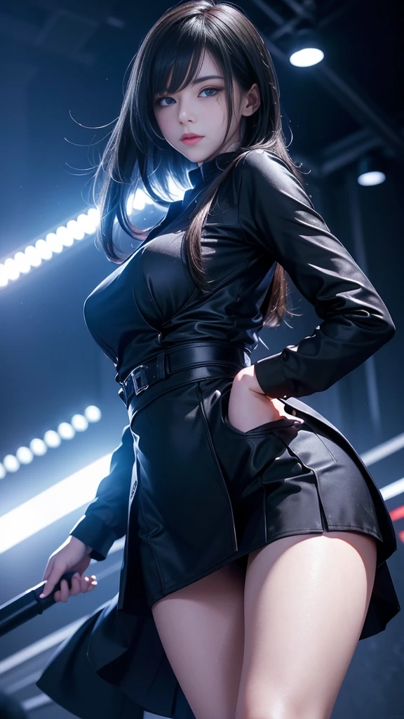 score_9,score_8_up,score_7_up,score_6_up,score_5_up,score_4_up,1girl,(wearing arnes),torn clothes, skinny, huge breasts, very long hair, little ass, Mexican, black hair,beautiful eyes,bright colors,high contrast,vivid lighting,rating_safe , brown eyes,black lips,black nails, hairy pussy, full body, stocking net, skirt pulled up, on a stage with a microphone, showing asshole from behind, moaning, cheating, anal sex