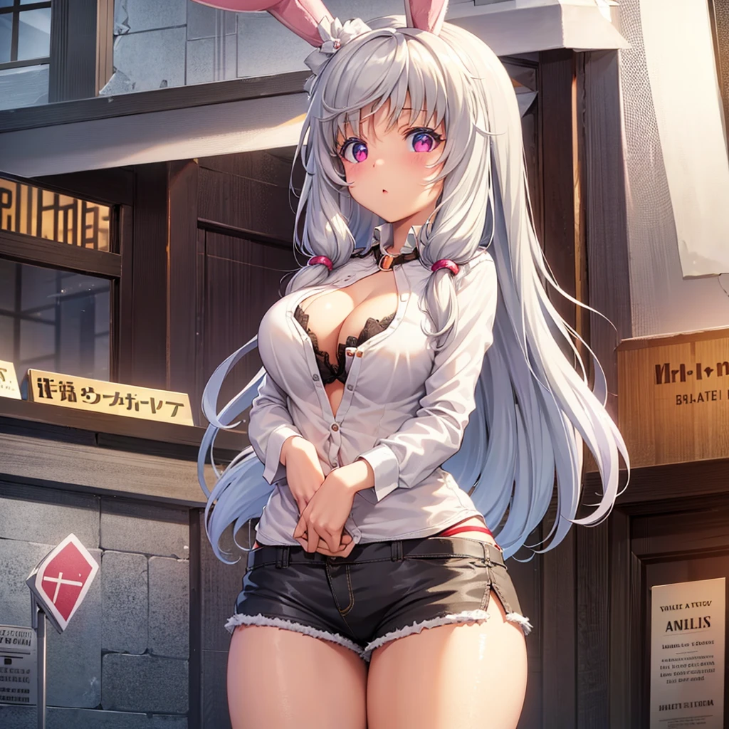 One girl,beautiful girl,Bunny ears,Animal ears,Long Hair,White Hair,Hair covering ears,Red eyes,dress shirt,White shirt,Cleavage,No bra,Open clothes,The shirt is open in the front,All the buttons are off,Denim shorts 