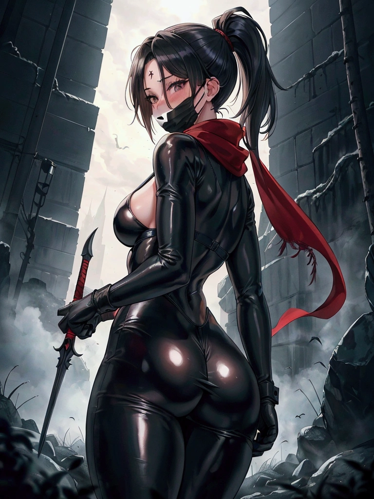 Ninja, ponytail, black mask, big breasts, torn clothes, no panties, no bra, angry, rope, covering breasts, covering crotch, sword, fighting